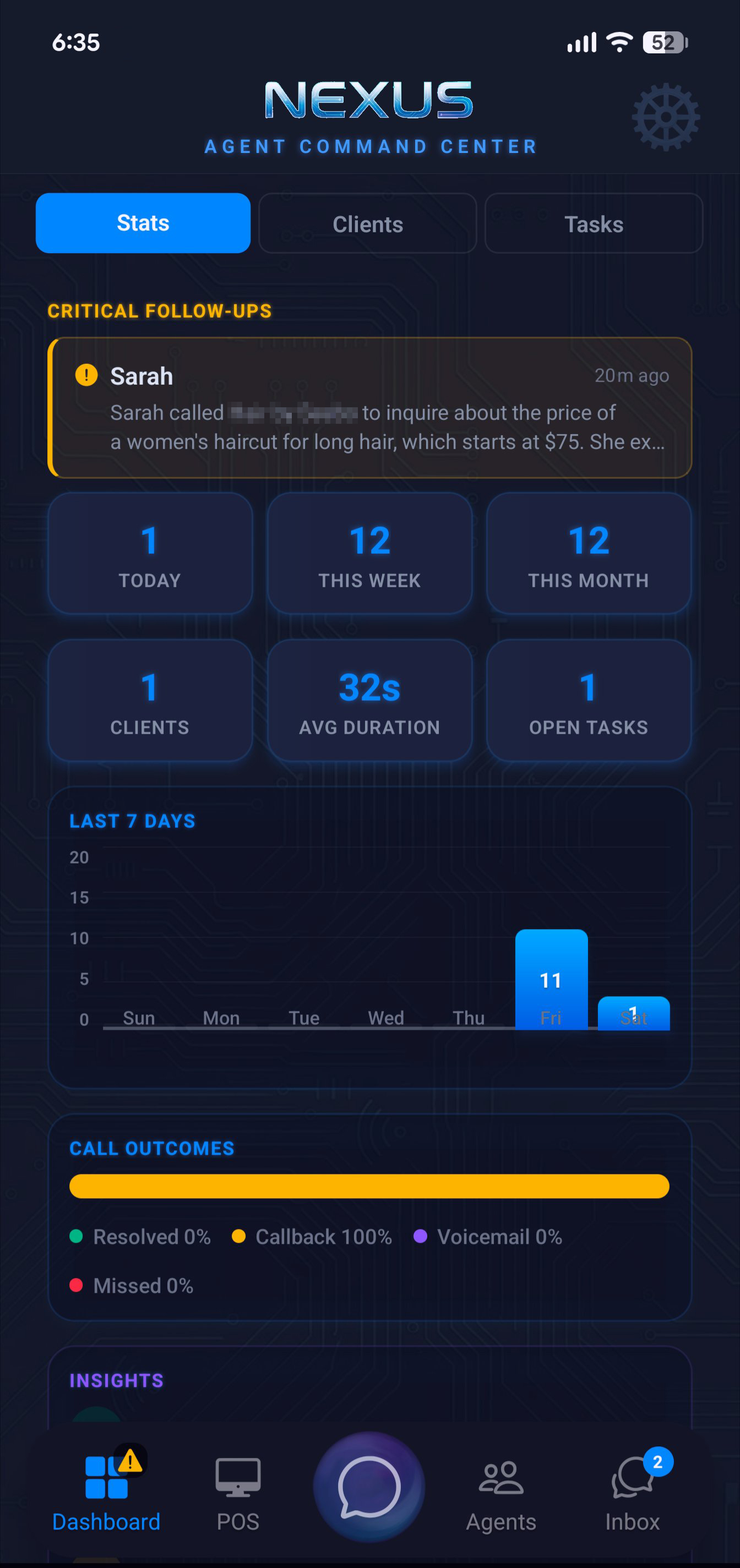 Nexus mobile app showing call stats, client activity, and real-time insights